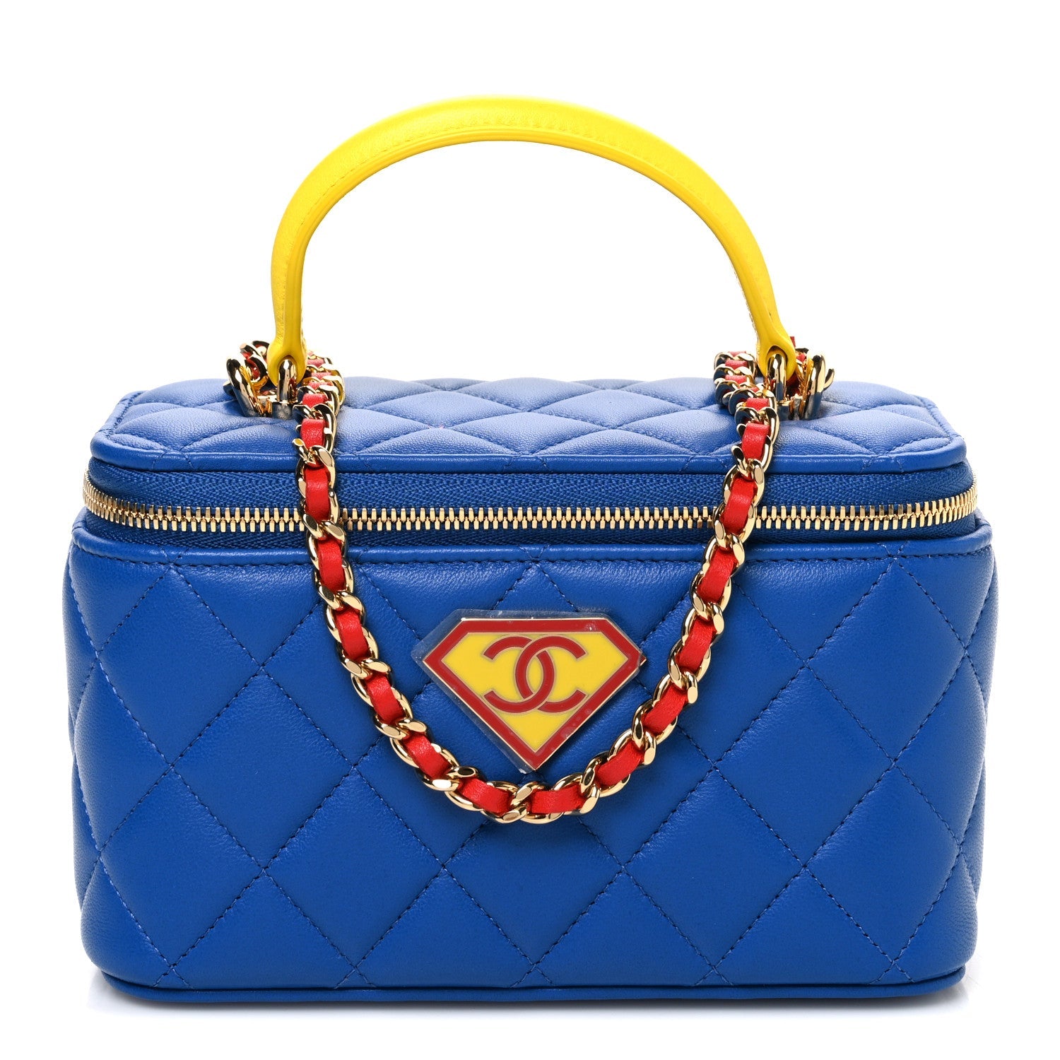 Lambskin Quilted Superman Top Handle Vanity Blue Red Yellow