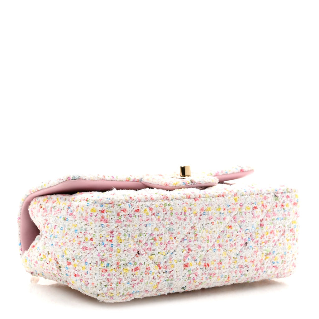 Tweed Sequin Quilted Mini Rectangular Flap White Pink Green Blue
