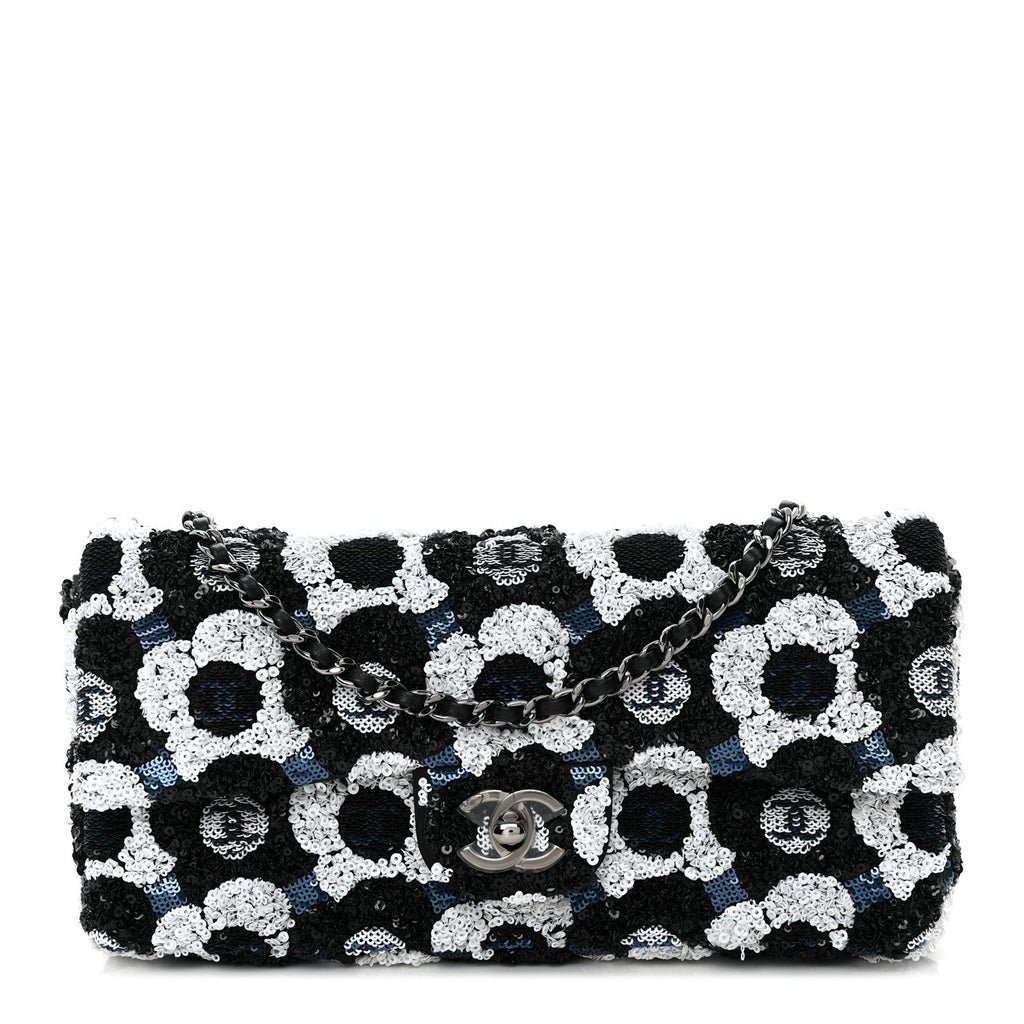 Satin Sequin Embellished Flower East West Flap Black White Blue