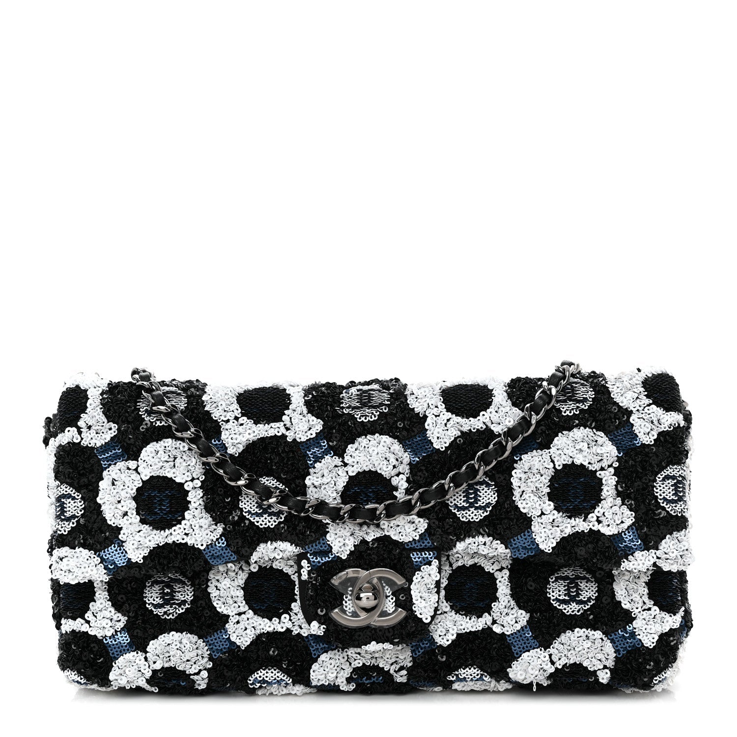 Satin Sequin Embellished Flower East West Flap Black White Blue