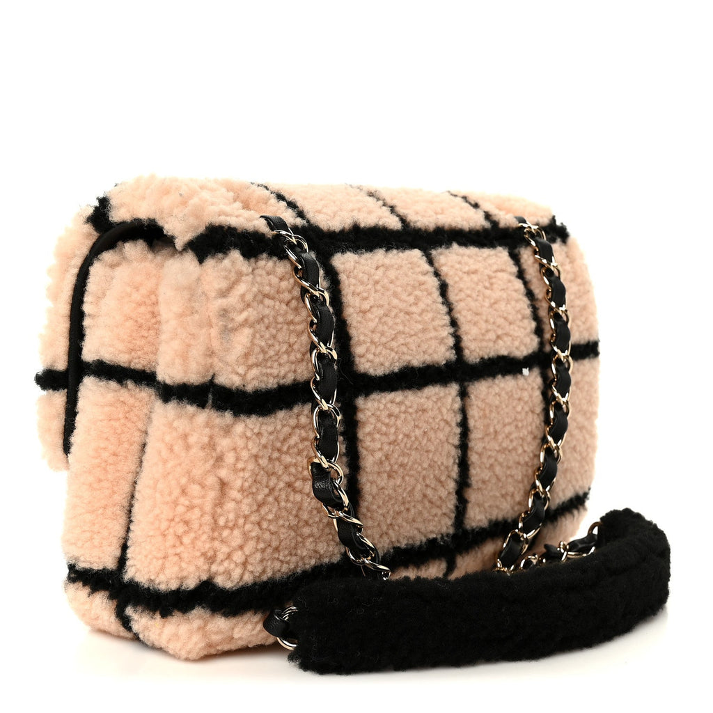 Shearling Lambskin Large Fluffy Tartan Single Flap Pink Black