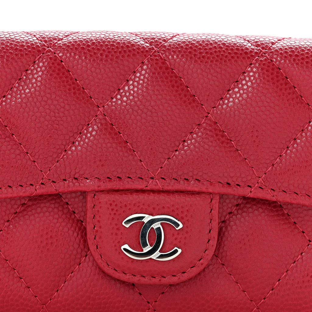 Caviar Quilted Flap Card Holder Wallet Dark Pink