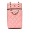 Caviar Quilted Phone Holder With Chain Pink