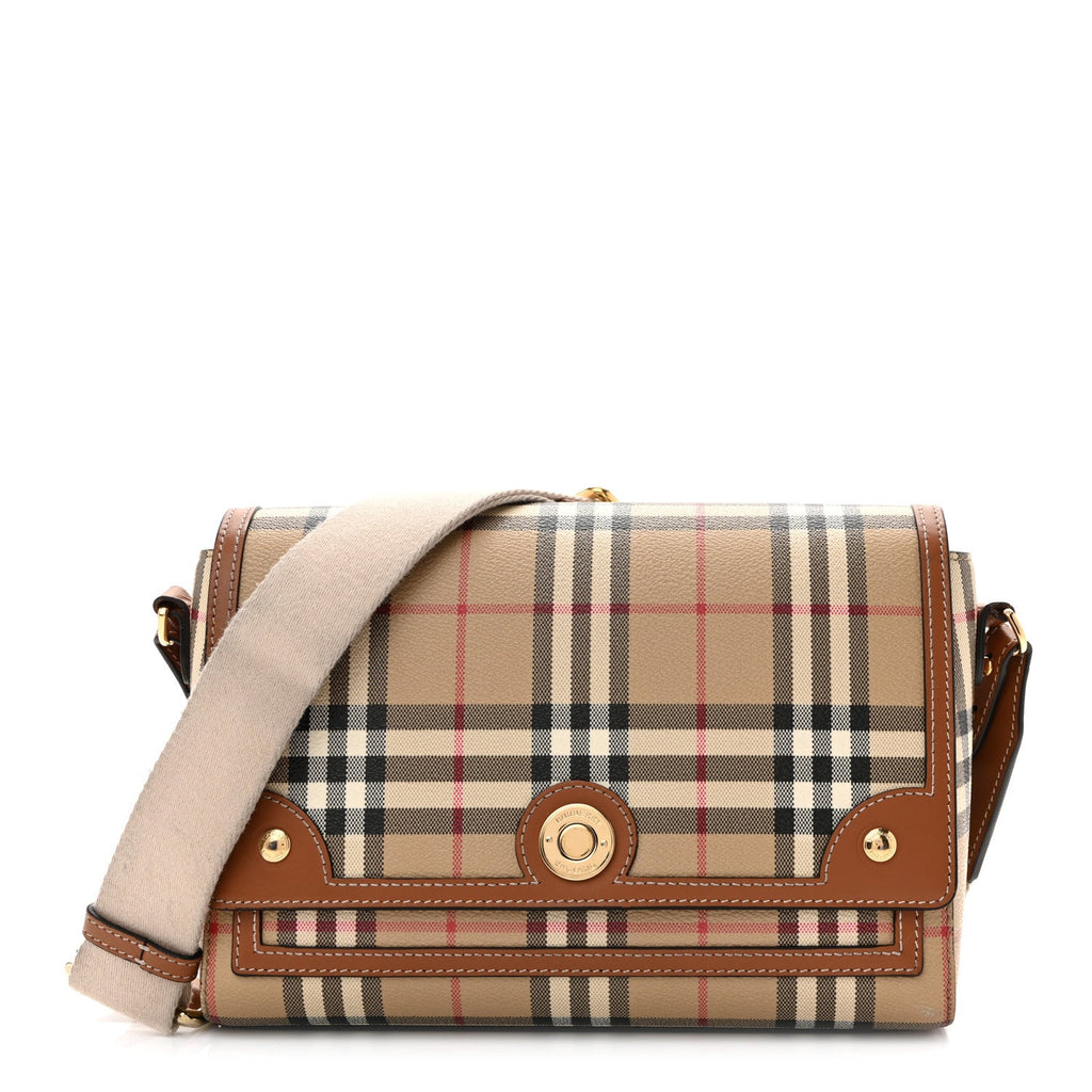 Coated Canvas Calfskin Vintage Check Medium Note Crossbody Bag Briar Brown
