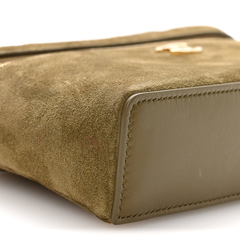 Suede Calfskin Top Handle Slim Vanity Case With Chain Dark Khaki