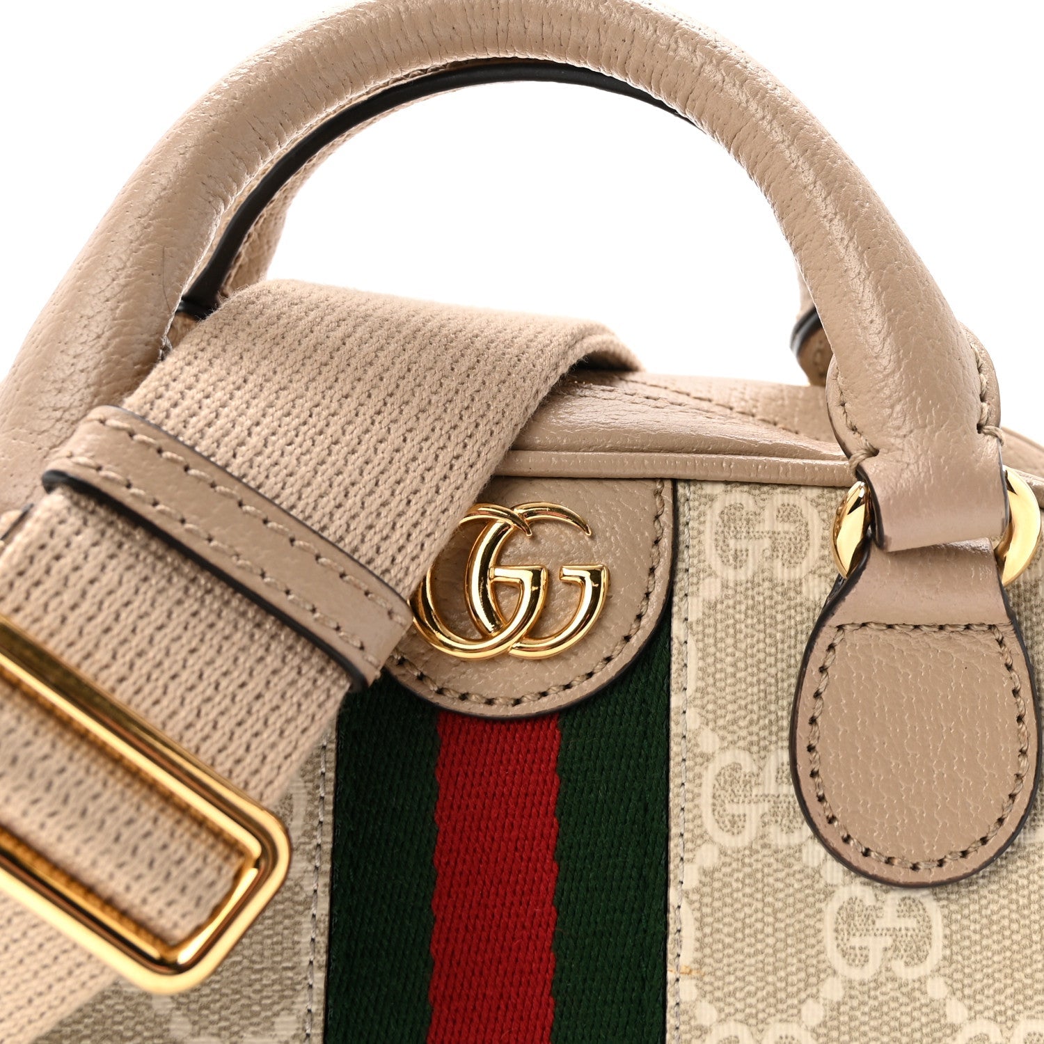 GG Supreme Monogram Textured Dollar Calfskin Web Mini Ophidia Top Handle Bowler Bag Beige Mystic White Oatmeal