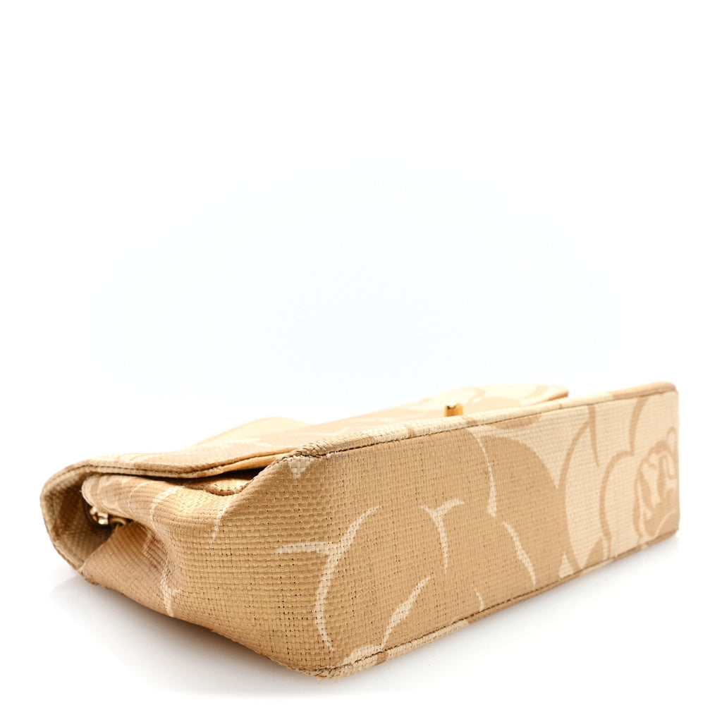 Woven Straw Camellia Print Medium Single Flap Gold