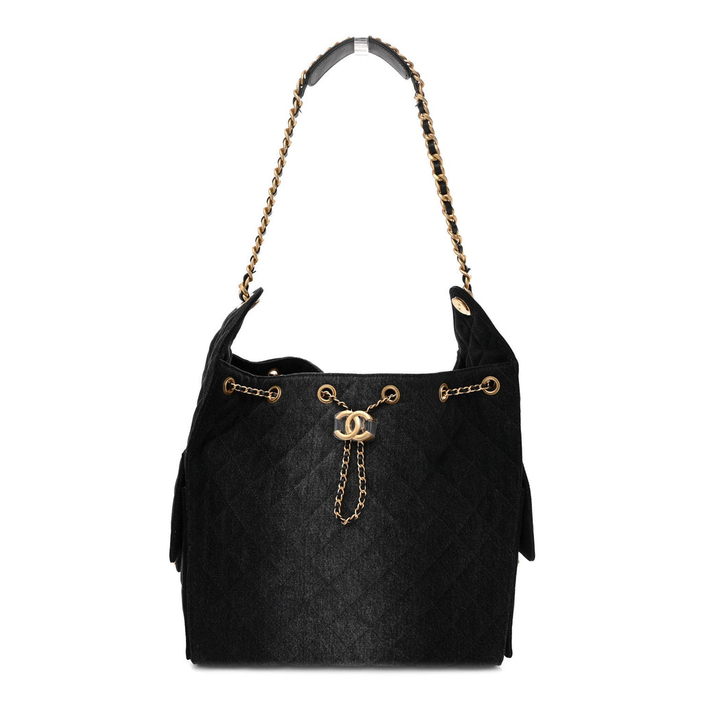 Washed Denim Quilted Medium Chanel 25 Handbag Black