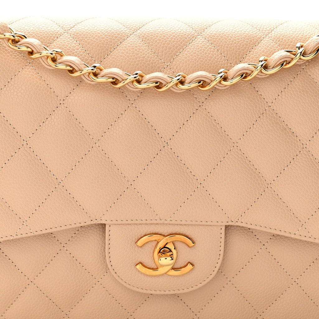 Caviar Quilted Jumbo Double Flap Light Beige