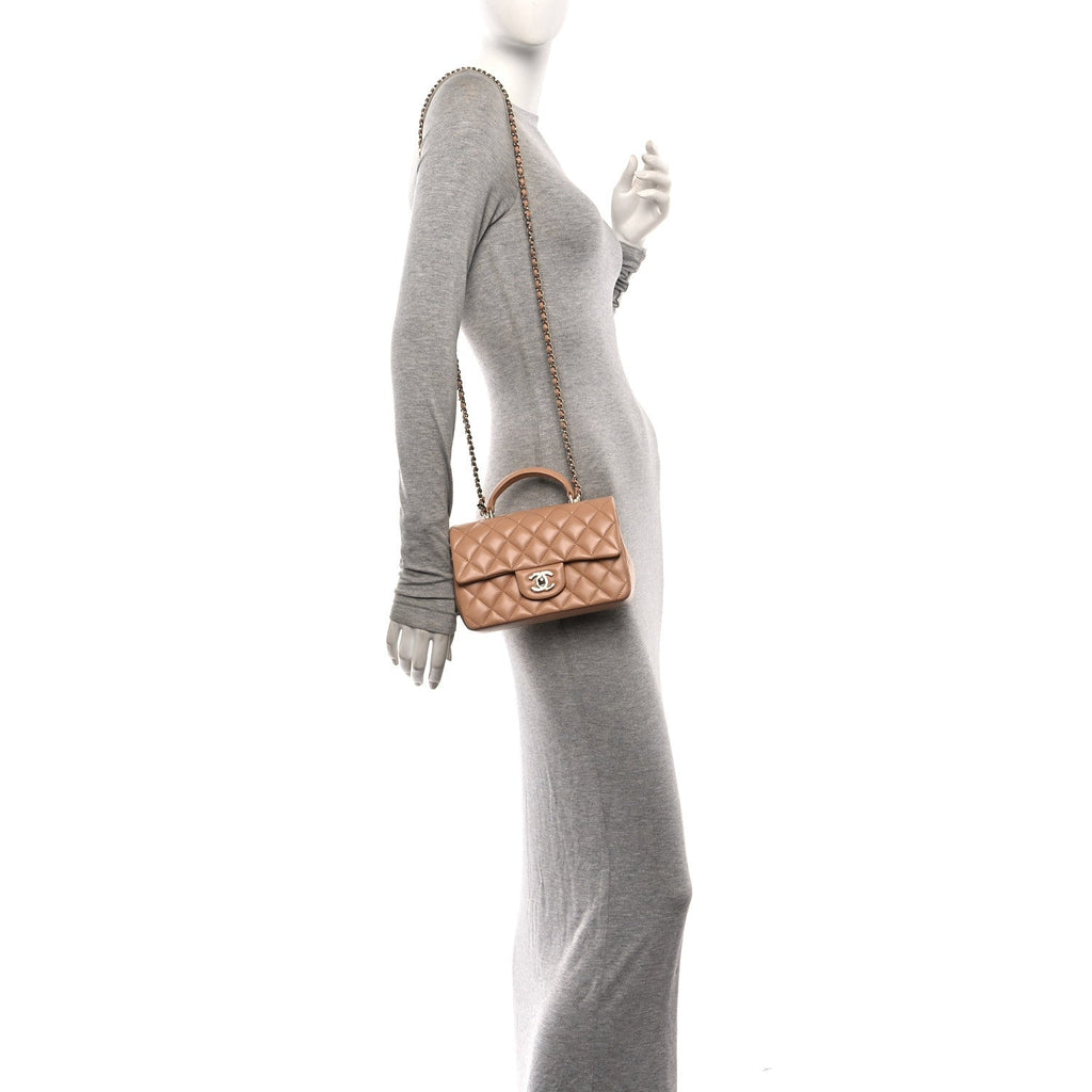 Lambskin Quilted Mini Top Handle Rectangular Flap Dark Beige