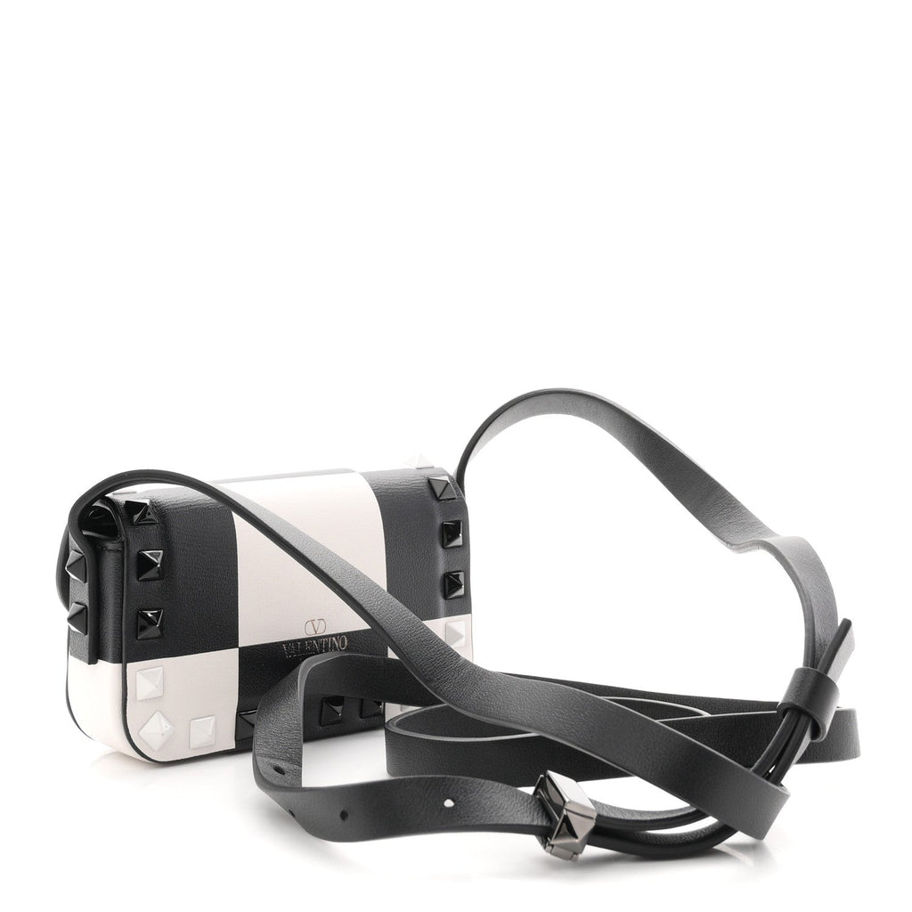 Vitello Chess Mini Rockstud Flip Lock Crossbody Bag Black White