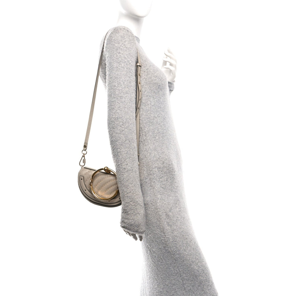 Calfskin Lambskin Quilted Studded Nile Bracelet Minaudiere Bag Pastel Grey