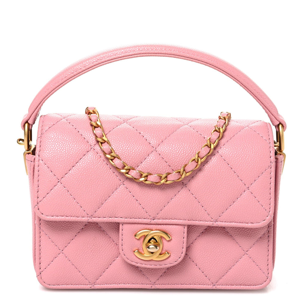 Shiny Caviar Quilted Mini Top Handle Flap Pink