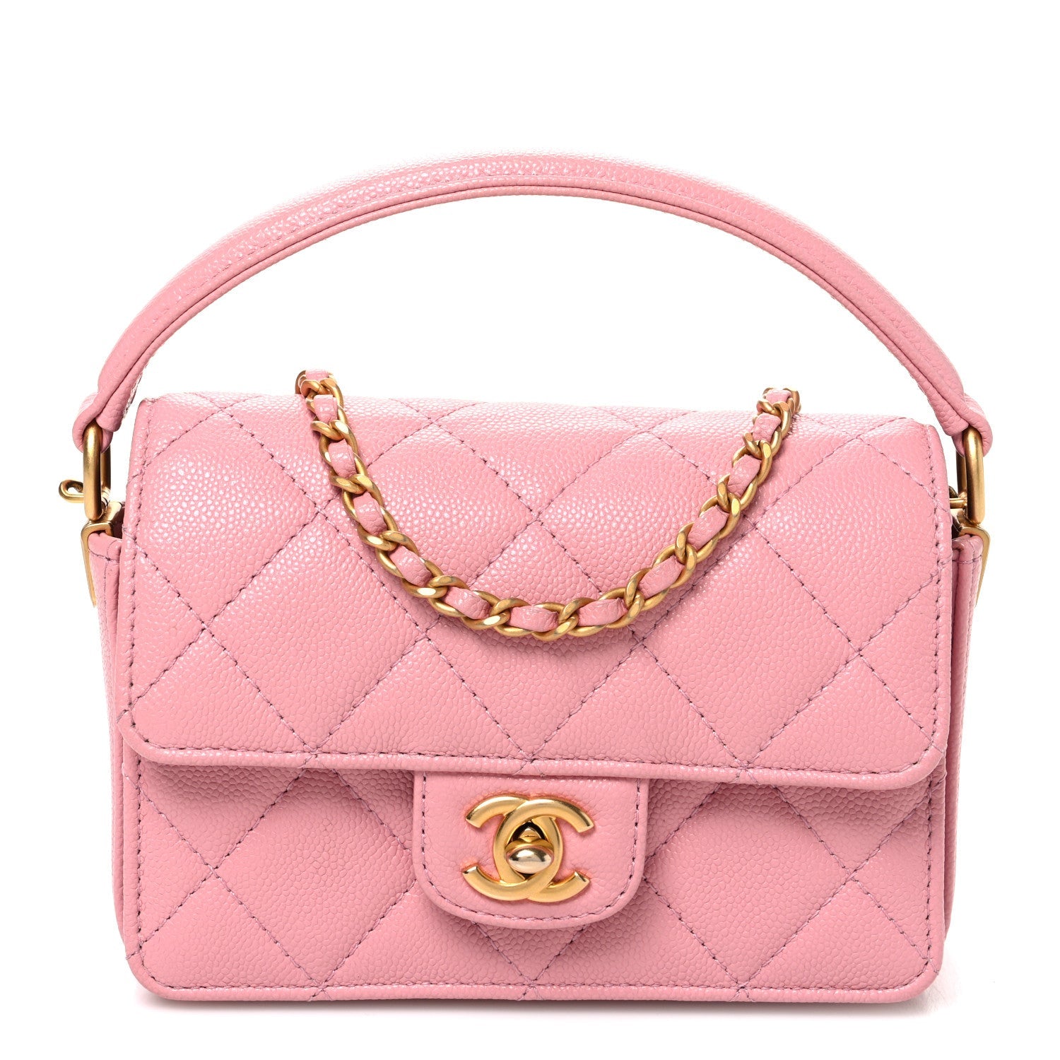 Shiny Caviar Quilted Mini Top Handle Flap Pink Pink