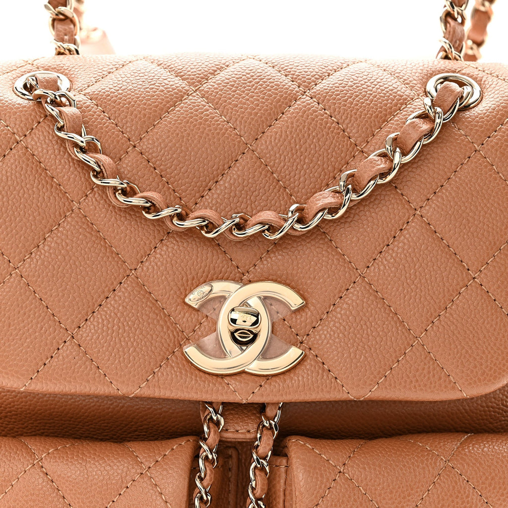 Shiny Caviar Quilted Medium Duma Pockets Drawstring Backpack Dark Beige