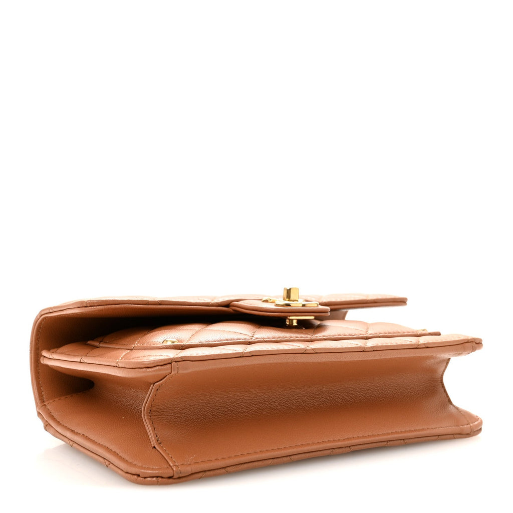 Lambskin Quilted Preppy Satchel Wallet On Chain WOC Brown