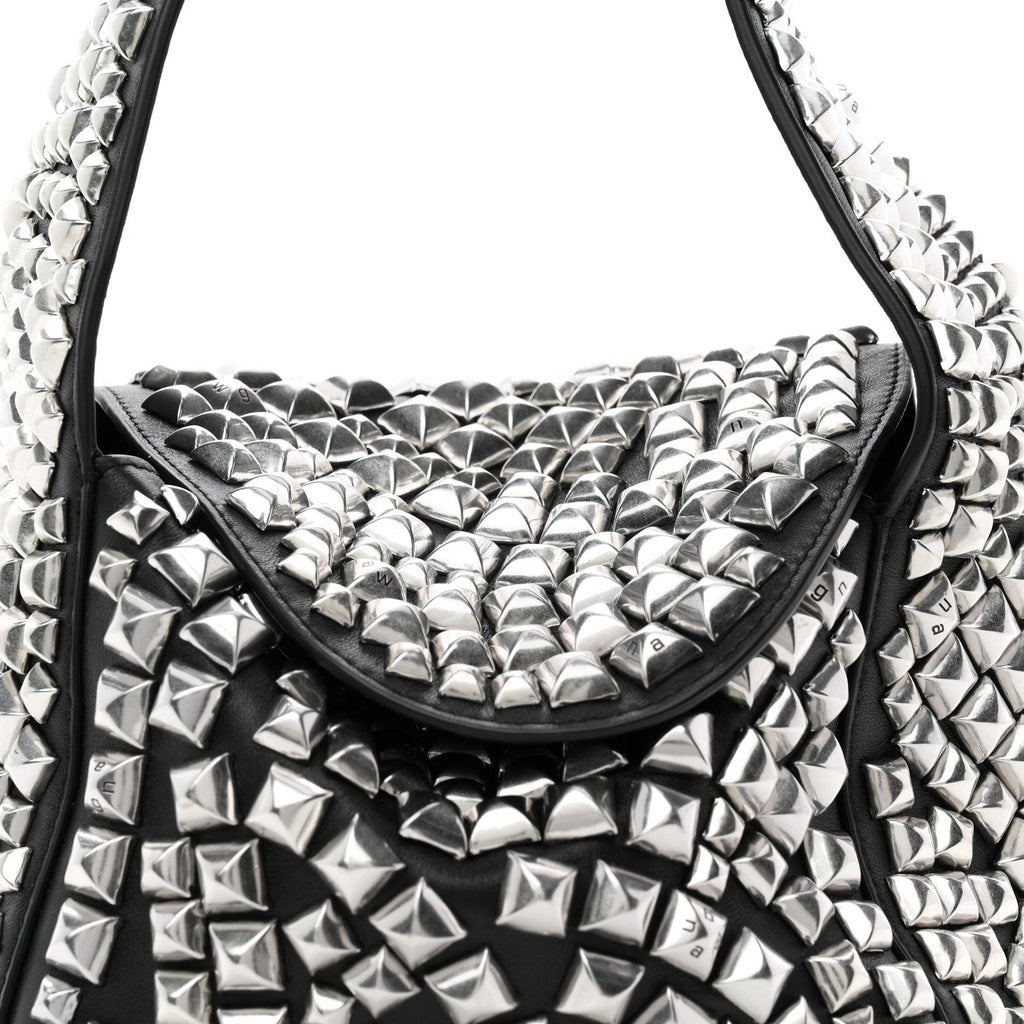 Sheepskin Studded Small Spike Hobo Black