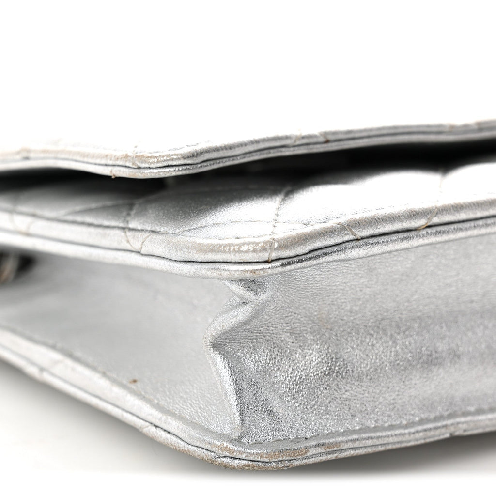 Metallic Lambskin Quilted Wallet On Chain WOC Silver
