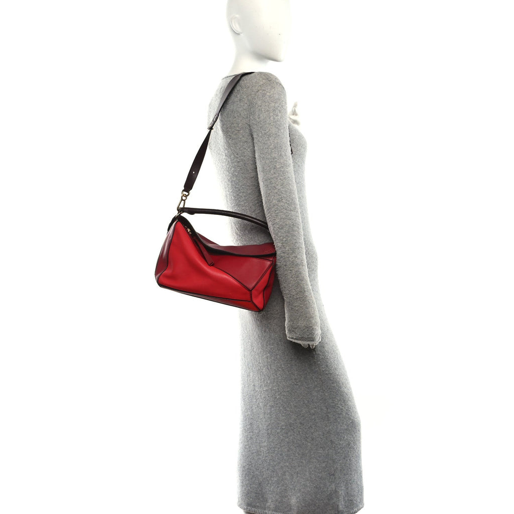 Calfskin Colorblock Medium Puzzle Bag Red