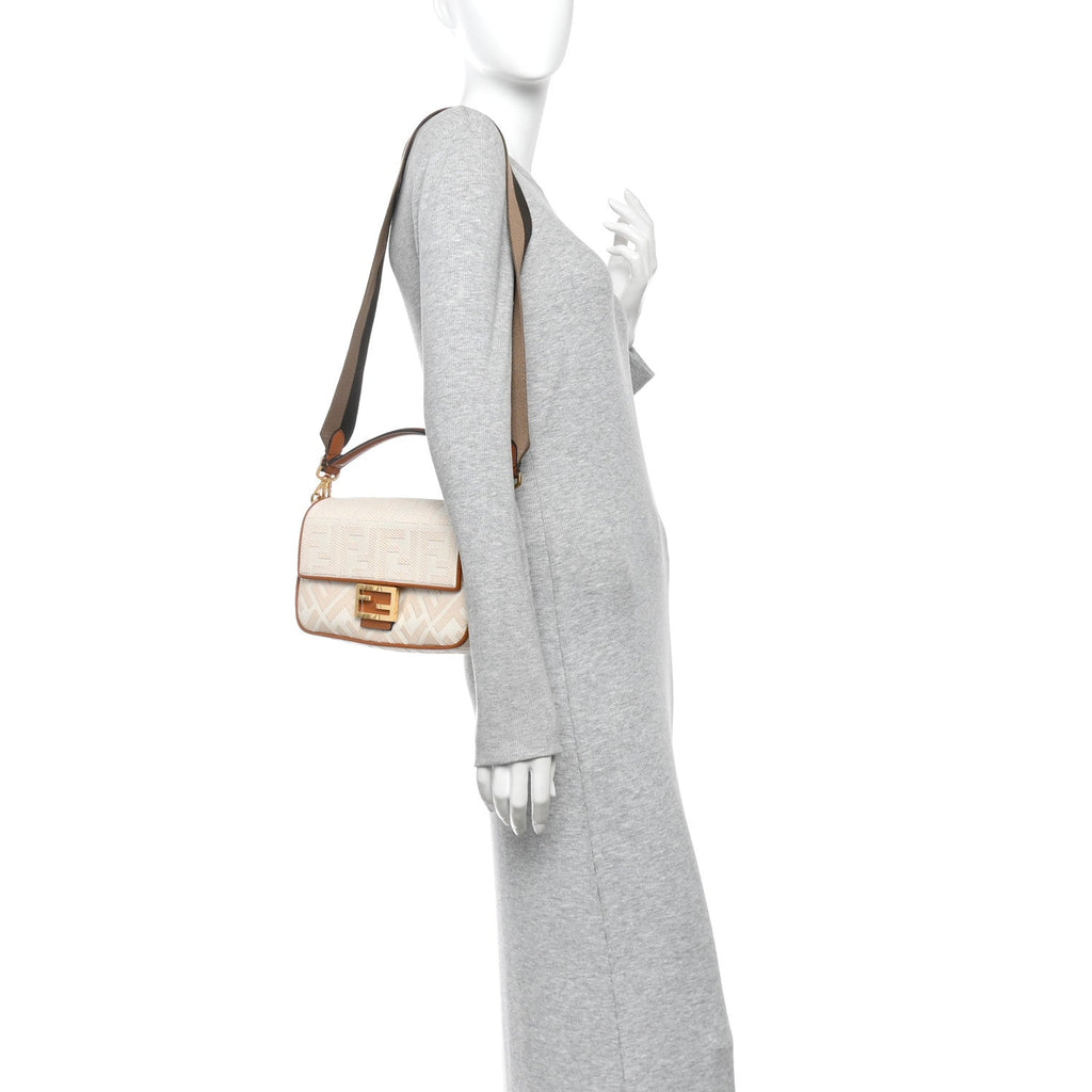 Canvas Vitello King Bi-Color Strap FF Embroidered Baguette Grezzo Brandy Cuoio