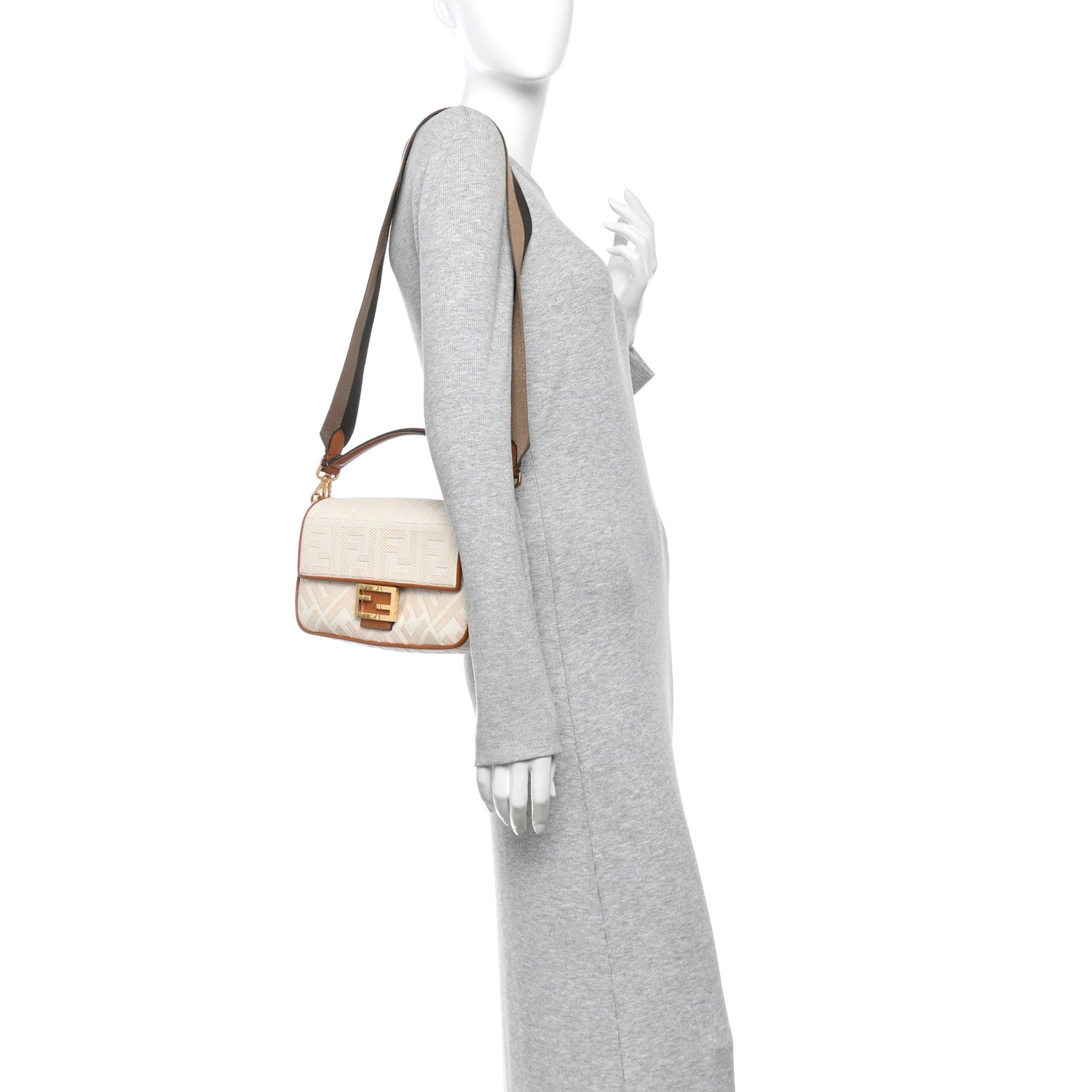 Canvas Vitello King Bi-Color Strap FF Embroidered Baguette Grezzo Brandy Cuoio