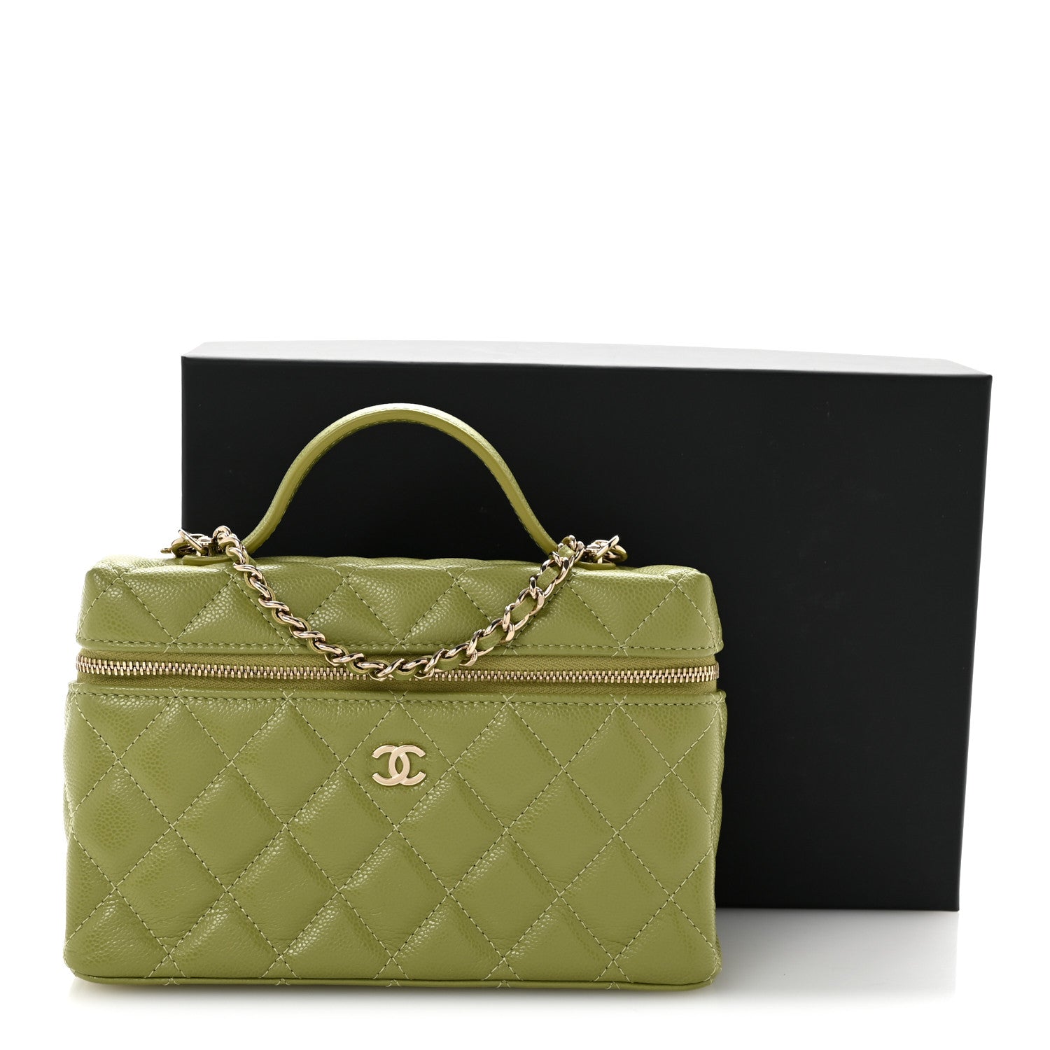 Caviar Quilted Top Handle Slim Vanity With Chain Khaki