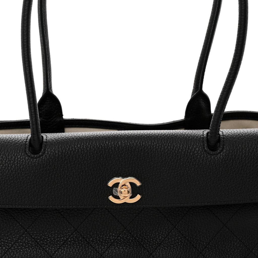 Grained Calfskin Stitched Urban Essentials Small Shopping Bag Black