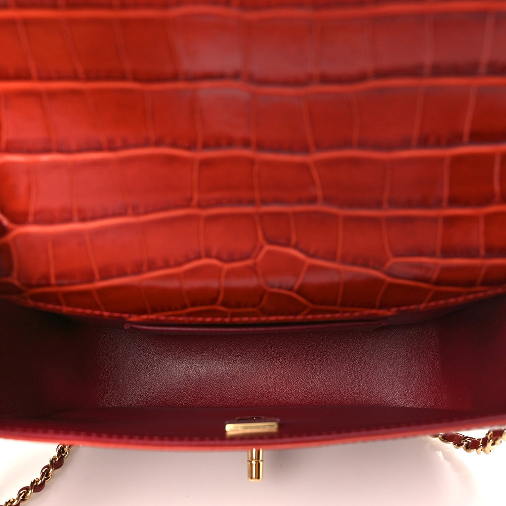 Calfskin Crocodile Embossed Turn Around Mini Flap Burgundy