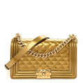 Metallic Patent Calfskin Quilted Medium Boy Flap Gold