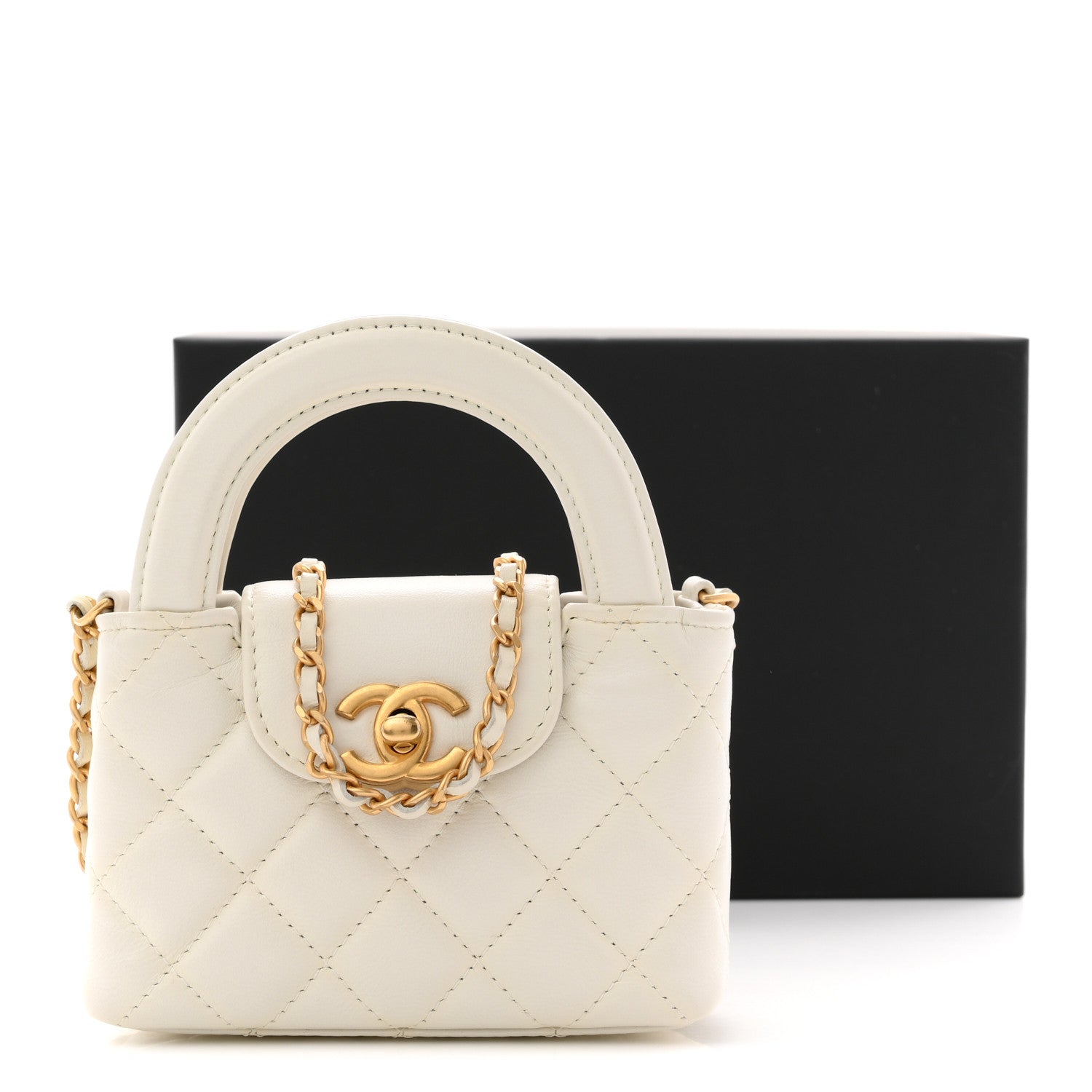 Shiny Aged Calfskin Quilted Mini Nano Kelly Shopper Beige White
