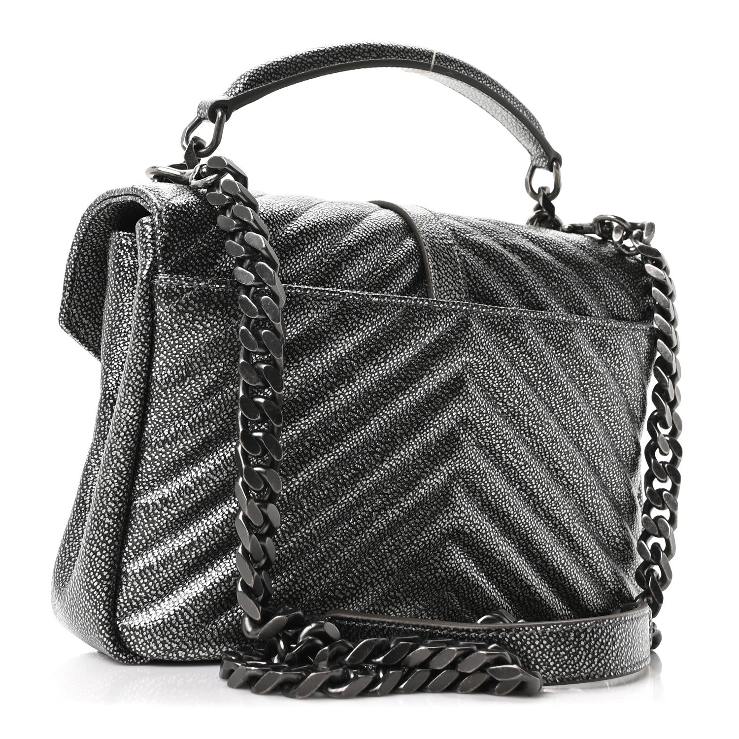 Metallic Grain De Poudre Matelasse Chevron Monogram Medium College Bag Gunmetal