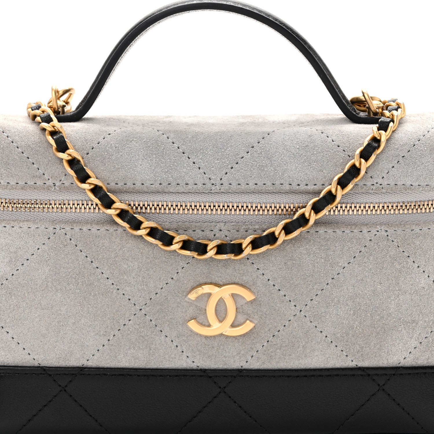 Suede Calfskin Shiny Lambskin Quilted Top Handle Slim Vanity Case With Chain Grey Black Grey Black