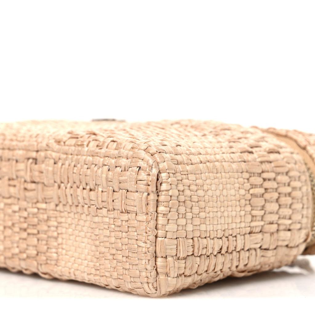 Braided Raffia Quilted Top Handle Slim Vanity Case With Chain Beige