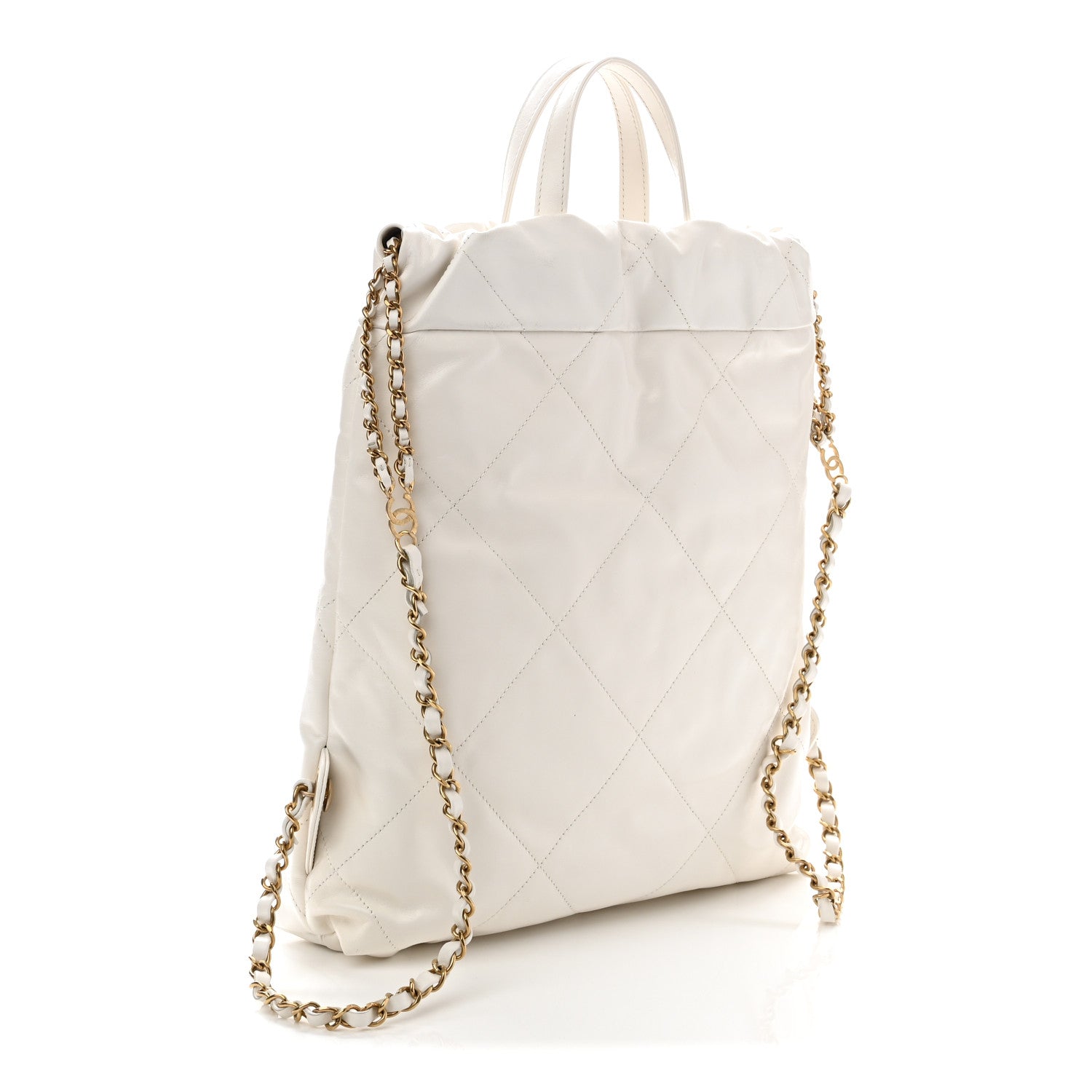 Shiny Calfskin Quilted Chanel 22 Backpack White