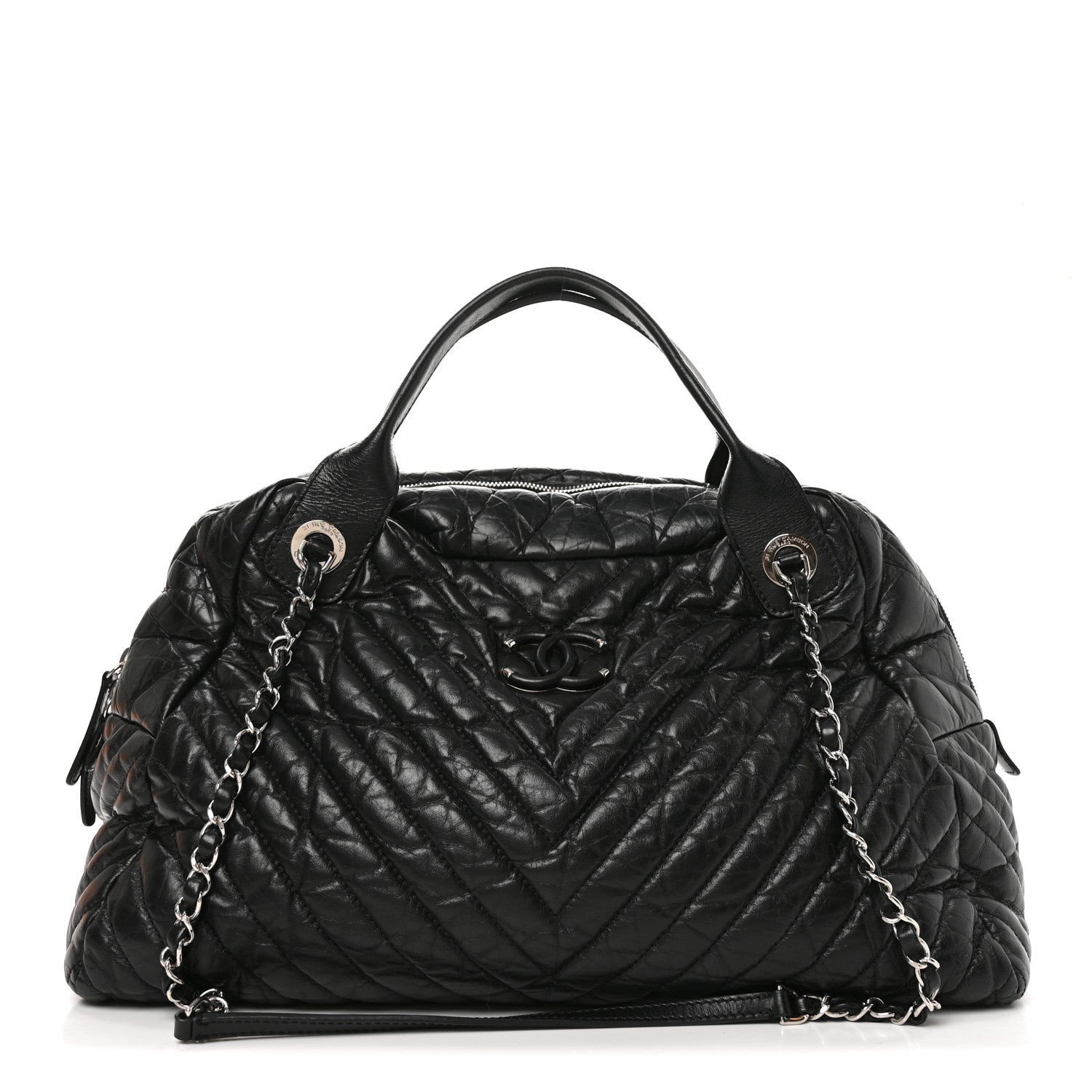 Aged Calfskin Chevron Large Soft Bowling Bag Black