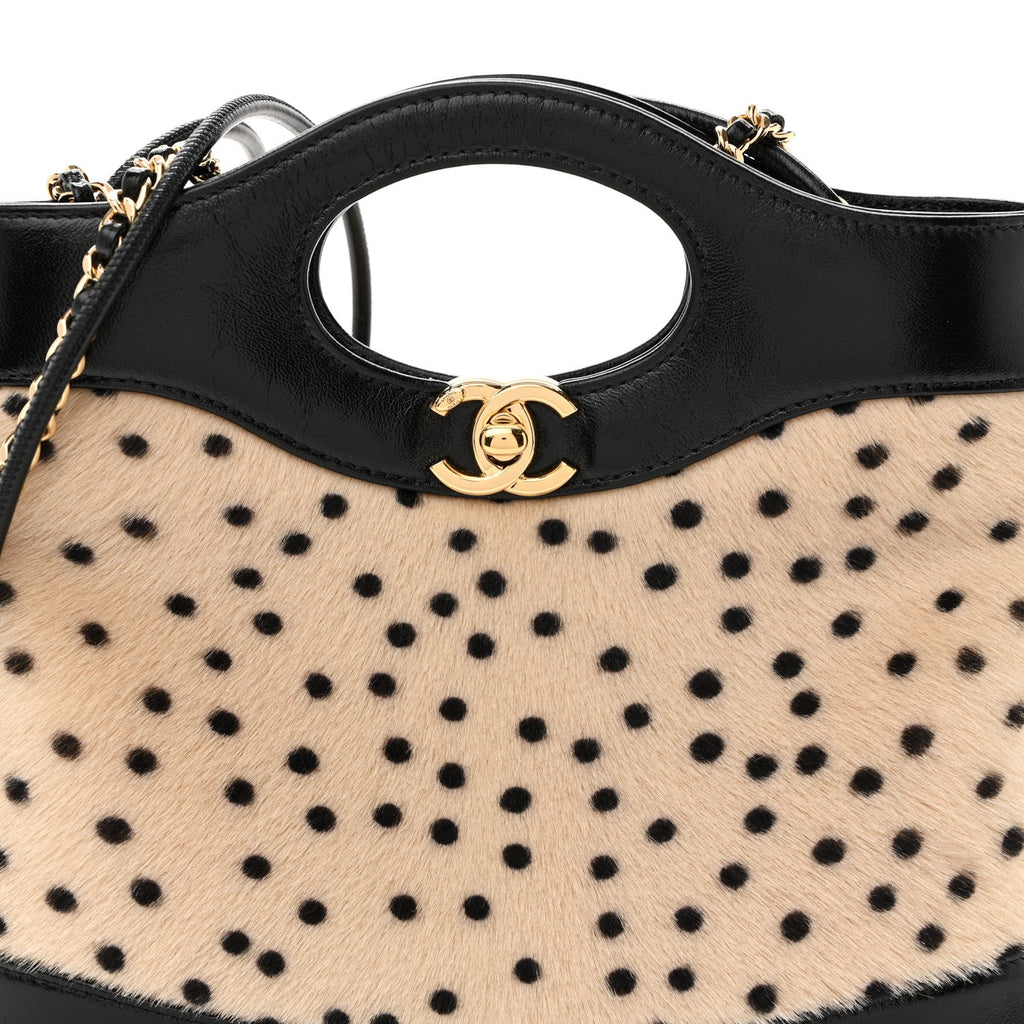 Shiny Lambskin Pony Hair Cheetah Printed Mini 31 Shopping Bag  Light Beige Black