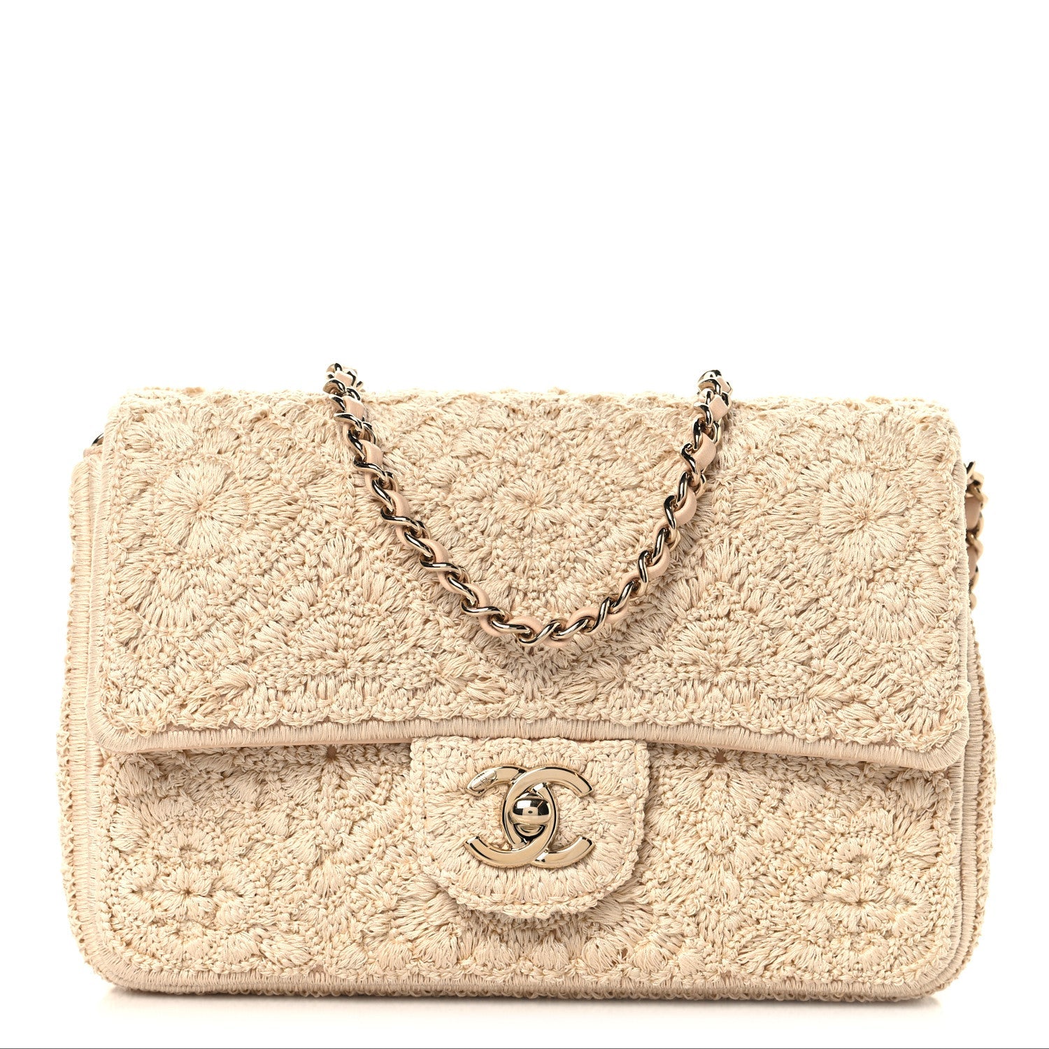 Crochet Embroidered Mini Rectangular Flap Beige