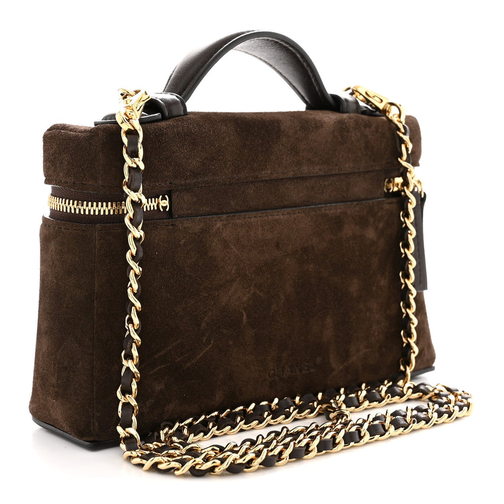 Suede Calfskin Top Handle Trapeze Small Vanity Case With Chain Dark Brown