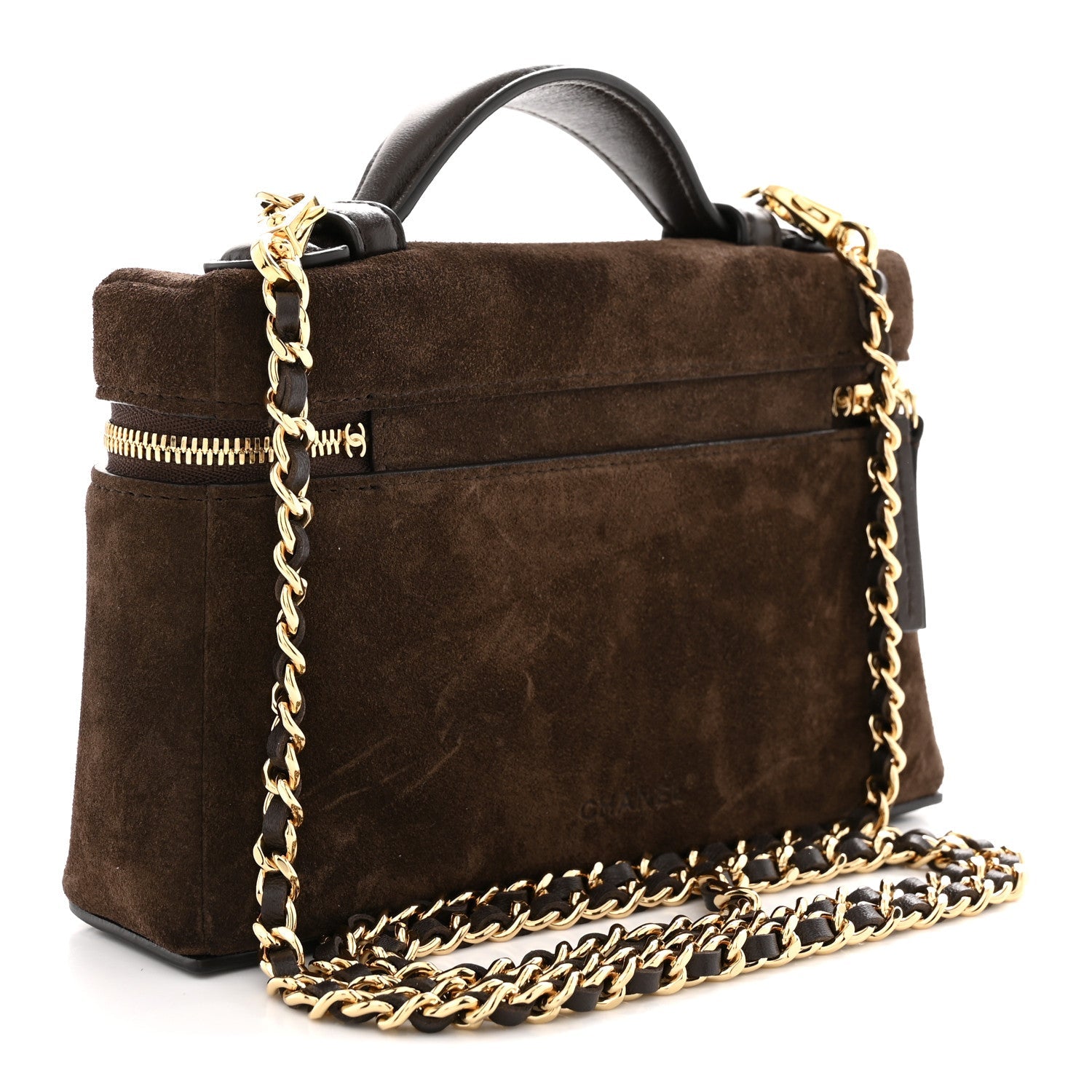 Suede Calfskin Top Handle Trapeze Small Vanity Case With Chain Dark Brown