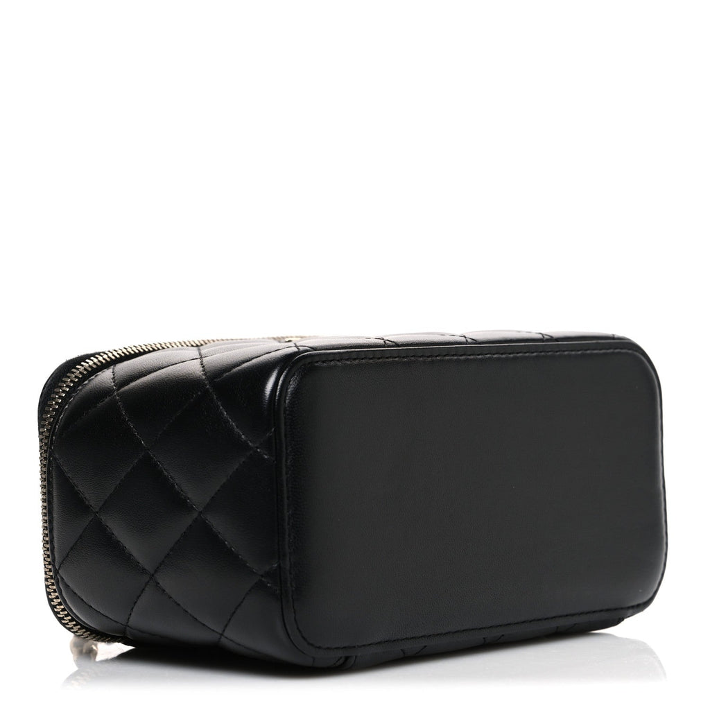 Lambskin Quilted Small Top Handle Vanity Case With Chain Black