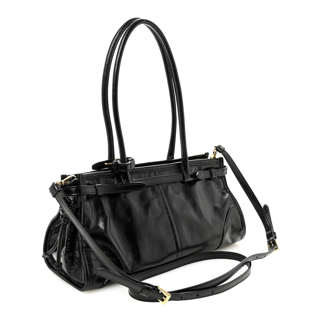 Glossy Calfskin Triangle Medium Bonnie Shoulder Bag Black