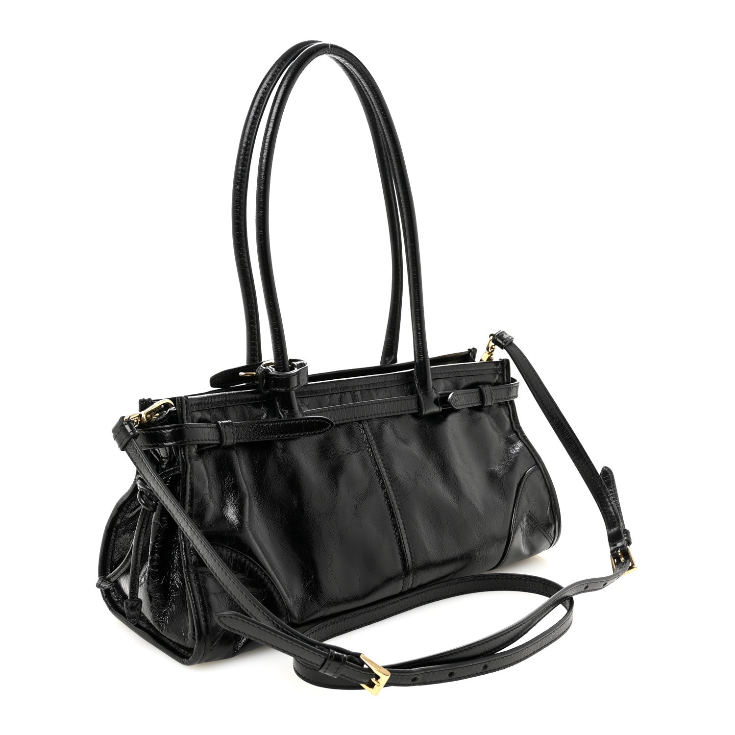 Glossy Calfskin Triangle Medium Bonnie Shoulder Bag Black