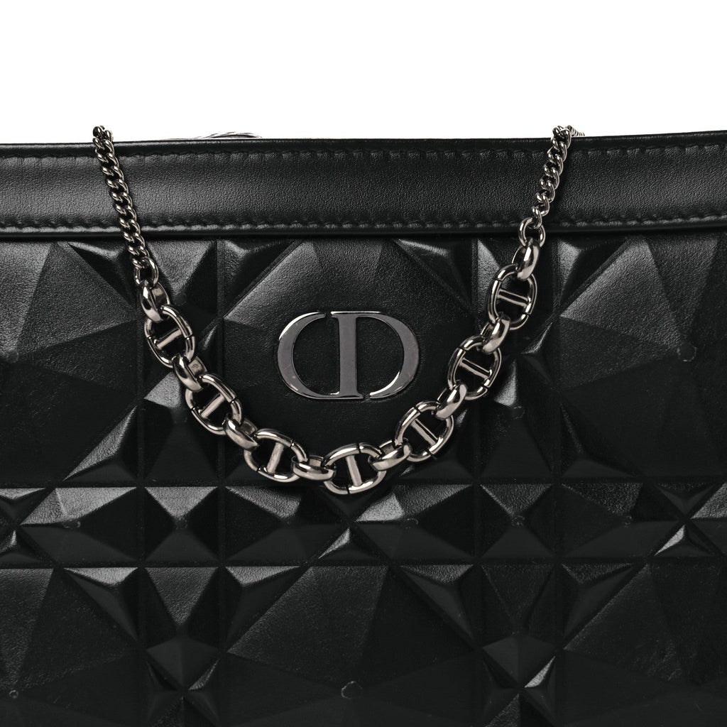 Calfskin Macrocannage Diamond Caro Zipped Pouch With Chain Black
