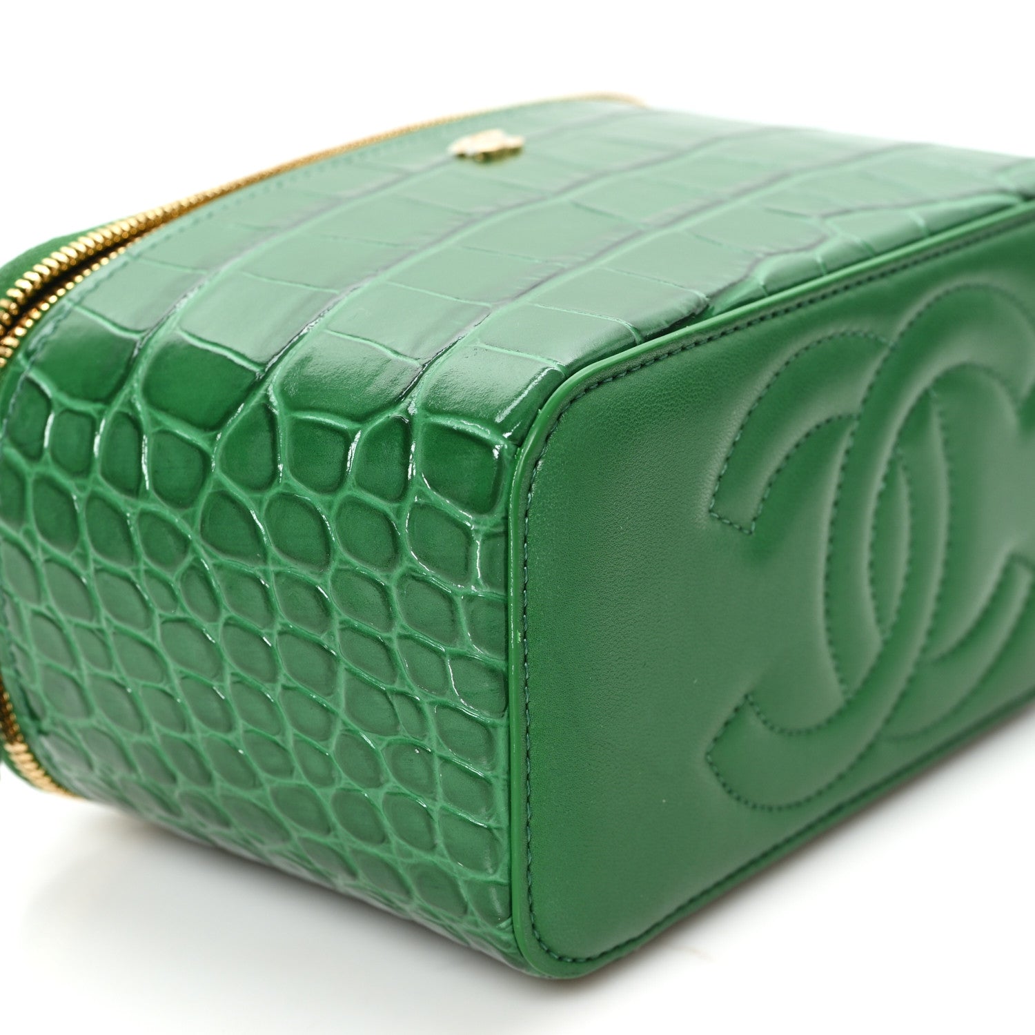 Calfskin Crocodile Embossed Exoticoco Small Top Handle Vanity Case With Chain Black Emerald