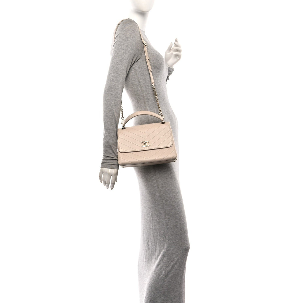 Grained Calfskin Stitched Small Chevron Chic Top Handle Flap Beige