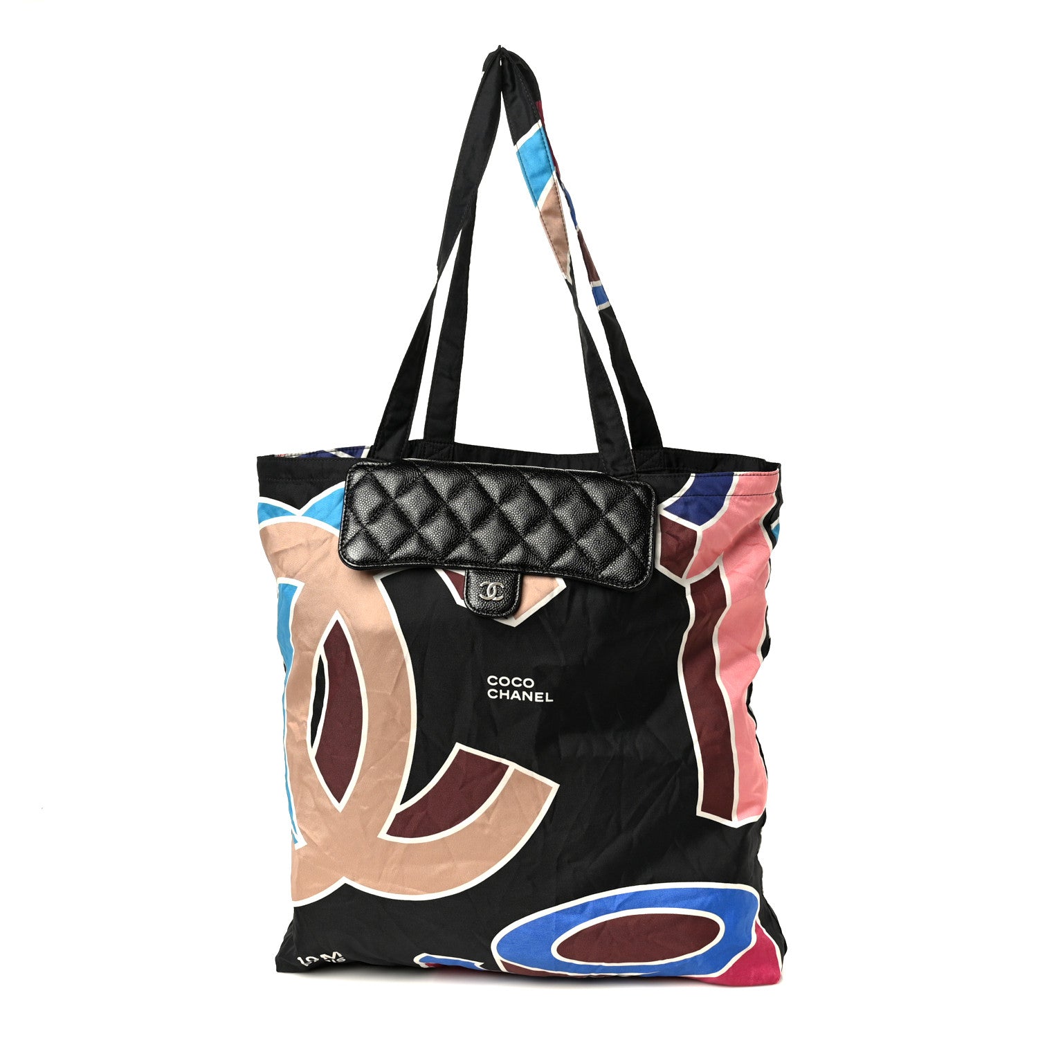 Caviar Fabric Foldable Tote Bag With Chain Black Multicolor