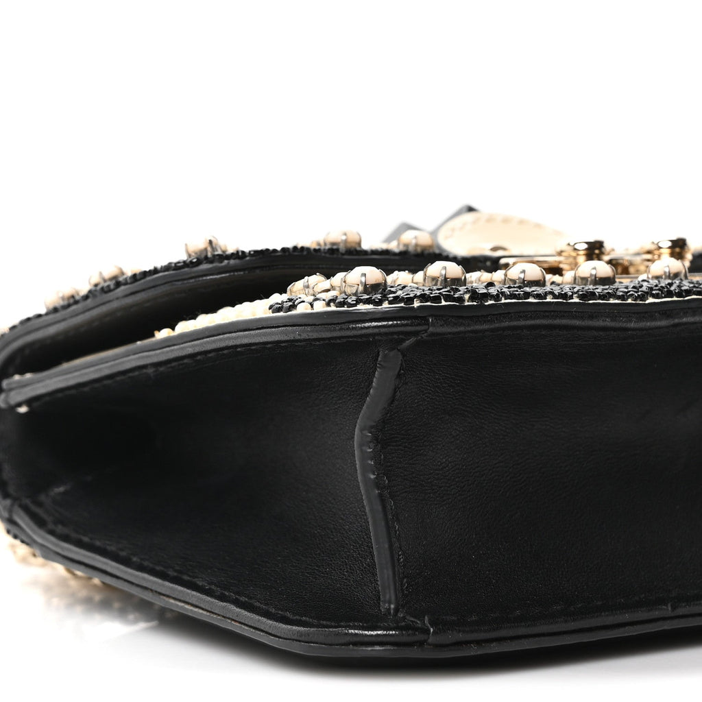 Vitello Beaded Mini Glam Lock Rockstud Flap Black Ivory Green