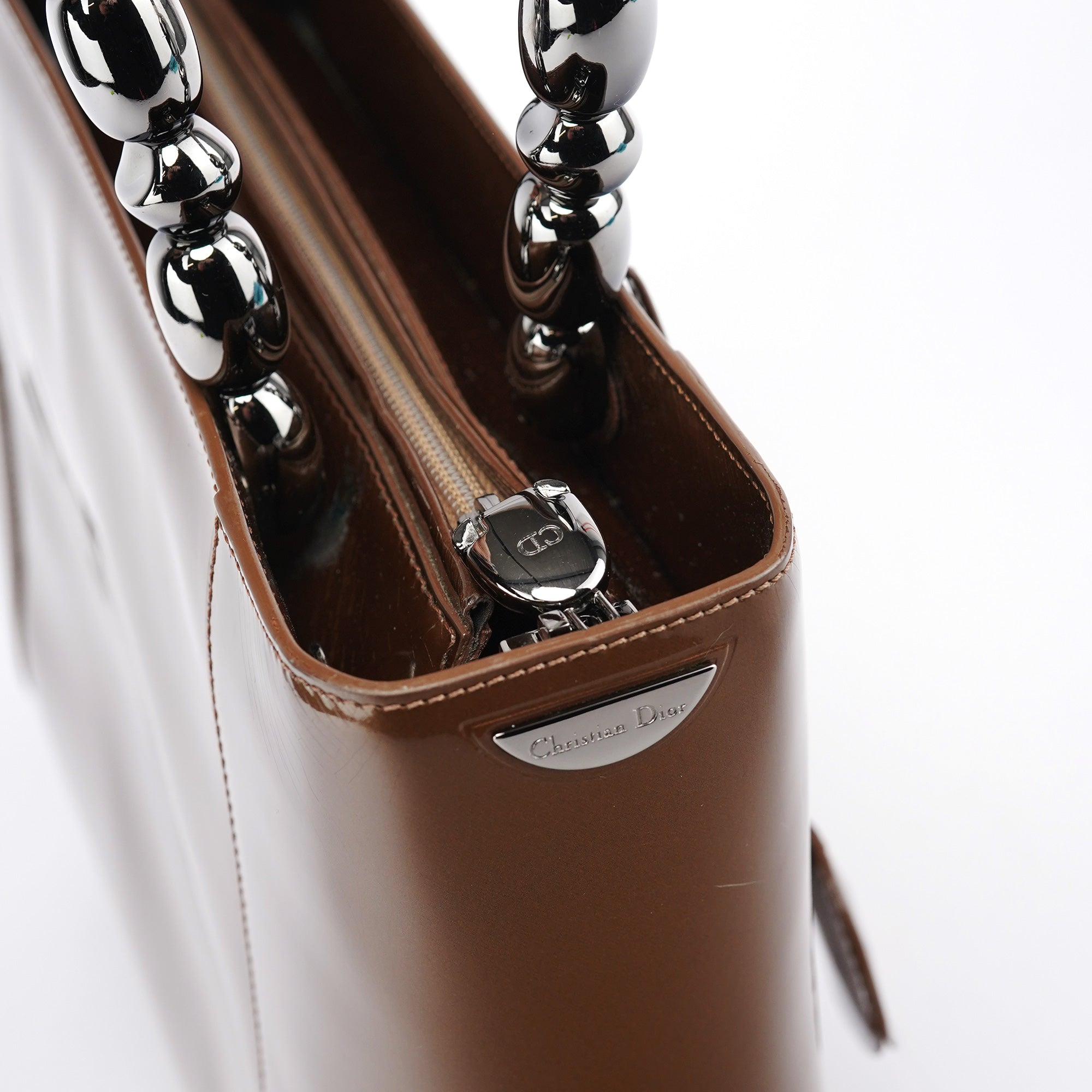 Brown Patent Leather Lady Dior Tote Bag