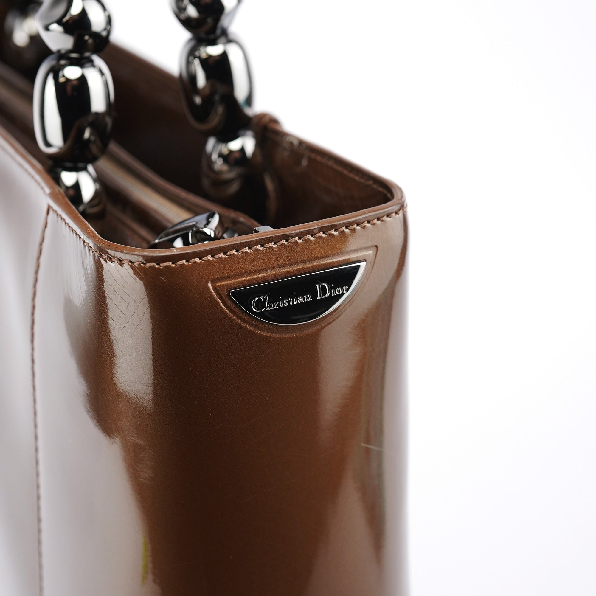 Brown Patent Leather Lady Dior Tote Bag