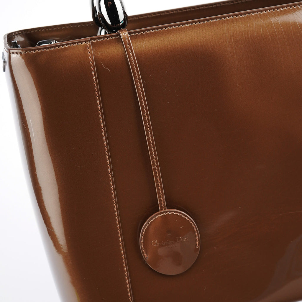 Brown Patent Leather Lady Dior Tote Bag